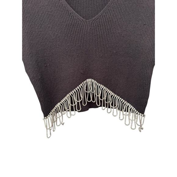 ZARA Gray Ribbed Knit Cropped Sweater w/ Pearl Rhinestone Fringe Hem - Size M - Picture 11 of 12